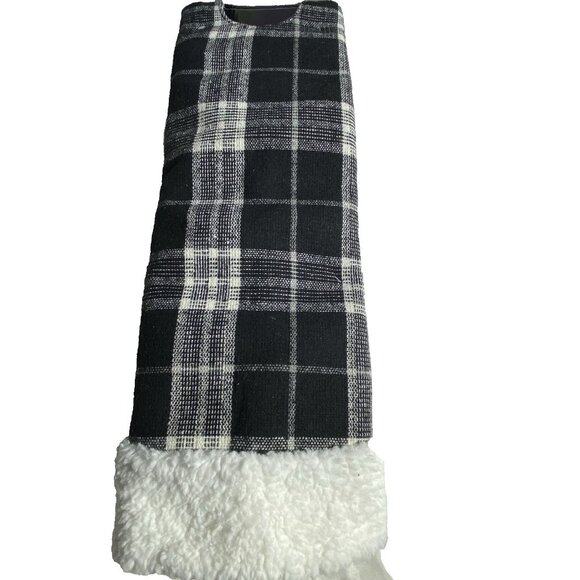 Robert Stanley Black White Plaid Christmas Tree Skirt Faux Fur Trim 48" Circle - Picture 1 of 7